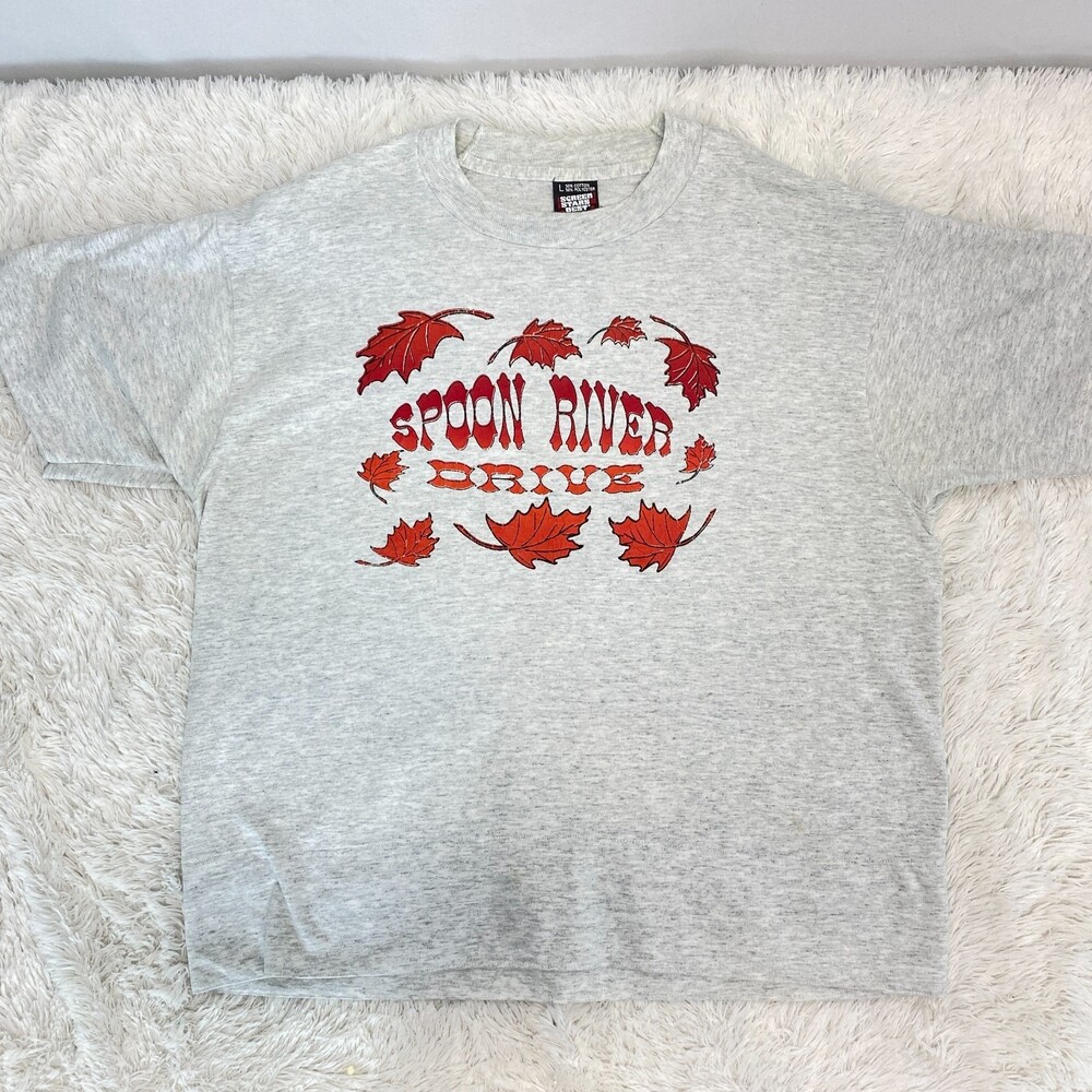 Vintage 90's Gray Marl Fall Autumn Spoon River Leaf Single Stitch Tshirt Large